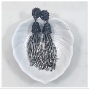 Clip On nOir Jewelry Beaded Earrings, Metallic Tassel Dark Gray Silver Beads
